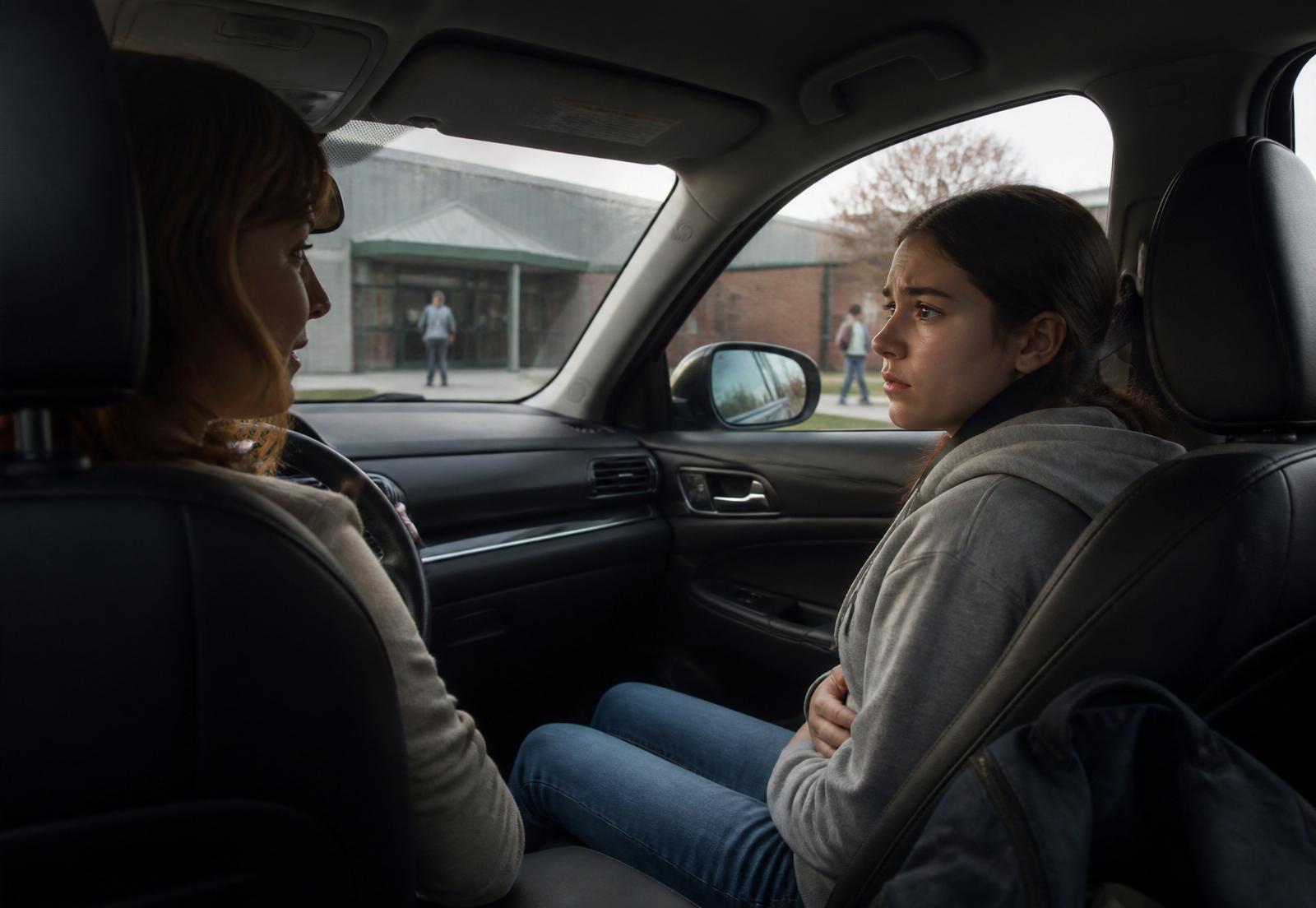 A supportive parent and teenager talking in a car outside a school building